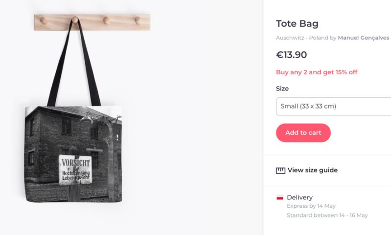 Klädåterförsäljare säljer produkter med Auschwitz motiv. Klädåterförsäljare säljer produkter med Auschwitz motiv.